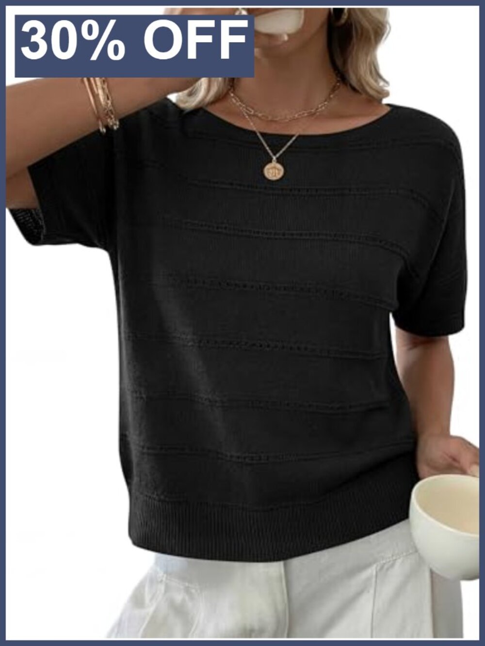 Women's Short Sleeve Crochet Sweater Top Boat Neck Loose Fit Summer Casual